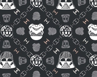 Tissu STAR WARS -- Croquis de têtes de Dark Vador et de stormtrooper répétés sur gris foncé avec des étoiles de la mort -- Tissu courtepointe 100 % coton