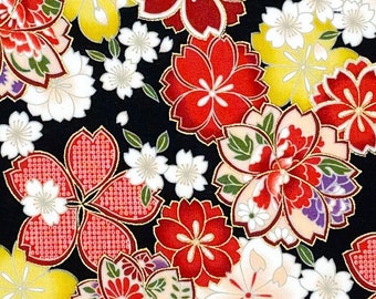 Japanese fabric -- Red, white, and yellow cherry blossoms (sakura) packed on black -- 100% cotton quilting fabric