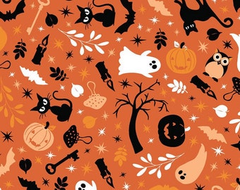 Halloween fabric -- Ghosts, Jack-o'-lanterns, cats, owls, mushrooms and more scattered on orange -- 100% cotton quilting fabric