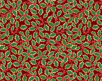 Christmas fabric -- Small holly berries and leaves on red -- 100% cotton quilting fabric