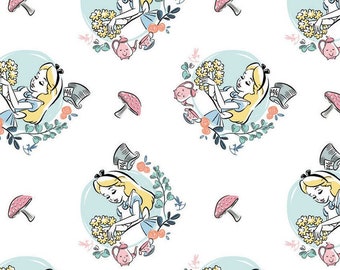 Disney fabric -- Tea time with Alice from Disney's Alice in Wonderland repeated on white -- 100% cotton quilting fabric