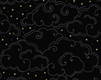 Dark clouds and metallic gold stars on black -- 100% cotton quilting fabric