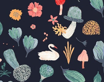 Mushroom fabric -- Mushrooms, leaves and animals scattered on navy blue -- 100% cotton quilting fabric
