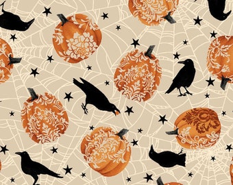Halloween fabric -- Black crows and orange pumpkins with Damask pattern on ecru -- 100% quilting cotton fabric by the yard