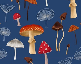 Tecido com estampa de cogumelos -- Cogumelos repetidos em fundo azul -- Tecido para patchwork 100% algodão