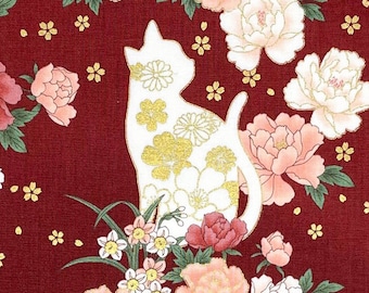 Japanese fabric -- White cat silhouettes with peonies and daffodils  and metallic gold flowers on dark red -- 100% cotton quilting fabric