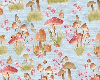Mushroom fabric -- Watercolor mushrooms, lady bugs, birds, and butterflies repeated on light blue -- 100% cotton quilting fabric