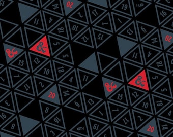 Dungeons & Dragons fabric -- Dark gray 20-sided die faces and red DnD logos repeated on black -- 100% cotton quilting fabric