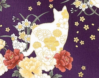 Japanese fabric -- White cat silhouettes with peonies and daffodils  and metallic gold flowers on purple -- 100% cotton quilting fabric