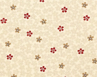 Japanese fabric -- Red and tan cherry blossoms (sakura) on natural/beige -- 100% cotton quilting fabric