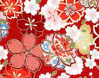 Japanese fabric -- Red, pink, white, and yellow cherry blossoms (sakura) packed on red -- 100% cotton quilting fabric