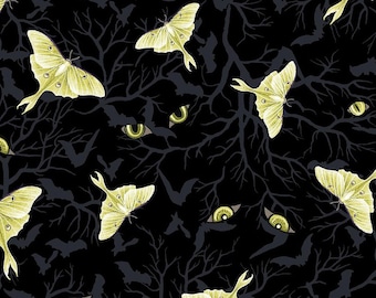 Halloween fabric -- Luna moths and cat eyes with silhouette of bats and trees on black -- 100% quilting cotton fabric by the yard