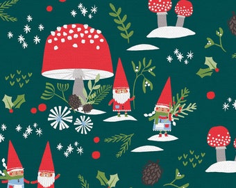 May include: A teal blue fabric with a repeating pattern of red and white mushrooms, gnomes, and holly sprigs. The fabric has a white ruler with black markings at the bottom.