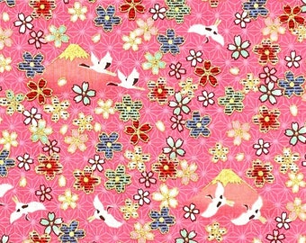 Japanese fabric -- Mini cherry blossoms, cranes & Mt Fuji on patterned pink with metallic gold highlights -- 100% cotton quilting fabric