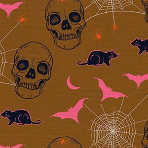 Halloween fabric -- Skulls, bats, rats and spider webs on brown -- 100% cotton quilting fabric