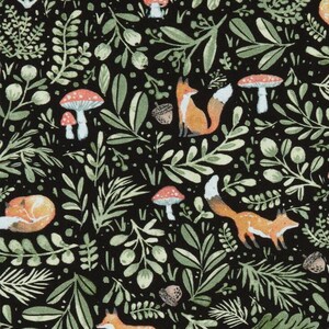 RESERVED -- 2 yards -- Watercolor foxes and mushrooms in the forest on black -- 100% cotton quilting fabric