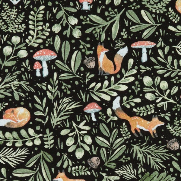 RESERVED -- 2 yards -- Watercolor foxes and mushrooms in the forest on black -- 100% cotton quilting fabric