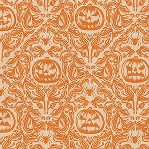 Halloween fabric -- Orange pumpkins, spiders, and foliage on ecru -- 100% cotton quilting fabric