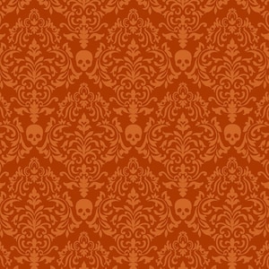 May include: Orange fabric with a repeating pattern of white skulls and a damask design. The fabric has the text "SEWN IN SEATTLE" printed on the bottom.