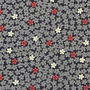 Japanese fabric -- Red and dark natural cherry blossoms (sakura) on navy -- 100% cotton quilting fabric