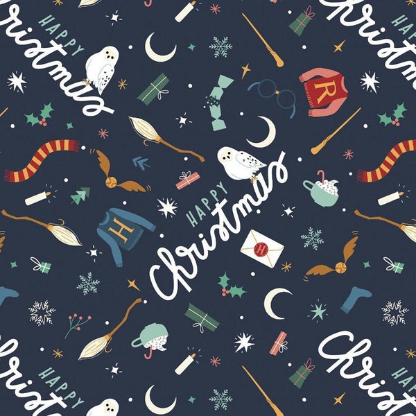 Christmas Harry Potter fabric -- Christmas presents and items from the Harry Potter series on navy -- 100% cotton quilting fabric