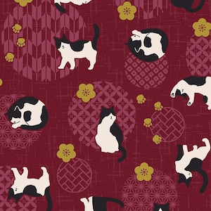 May include: Red fabric with a repeating pattern of black and white cats, gold flowers, and geometric circles. The fabric has a textured, linen-like appearance.