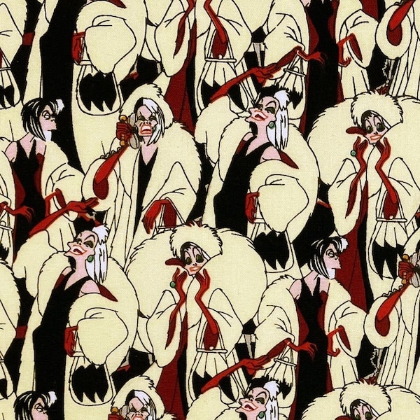 Disney villains fabric -- Cruella Deville poses repeated -- 100% cotton quilting fabric