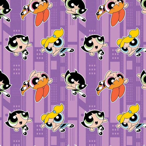 Powerpuff Girls fabric -- The Powerpuff Girls poses on purple urban background -- 100% cotton quilting fabric