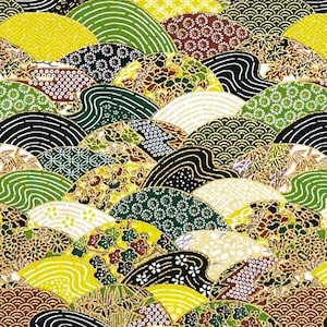 Japanese fabric -- Metallic gold traditional kimono clam pattern in green colorway -- 100% cotton quilting fabric