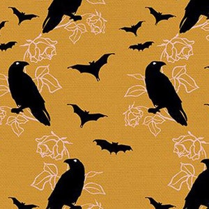 Halloween fabric -- Crows and bats repeated on gold/dark yellow -- 100% cotton quilting fabric