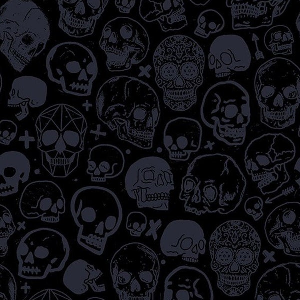 Halloween fabric -- Packed skulls on black -- Monochrome black collection by Dear Stella -- 100% cotton quilting fabric