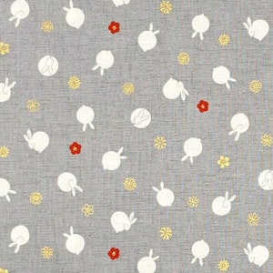 Japanese fabric -- Small bunnies and mini orangey-red and metallic gold flowers repeated on gray -- 100% cotton quilting fabric
