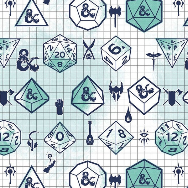 Dungeons & Dragons fabric -- Assorted dice and DnD icons on white and teal grid -- 100% cotton quilting fabric