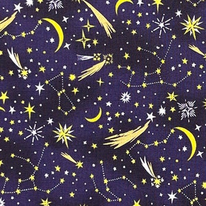 Tela japonesa -- Noche estrellada y constelaciones en azul violeta oscuro con reflejos dorados metálicos -- Tela acolchada 100% algodón