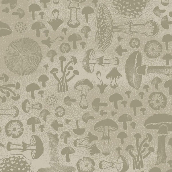 Mushroom fabric -- Monochromatic grayish-brown mushrooms on mottled grayish brown -- 100% cotton quilting fabric