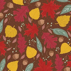 Autumn leaves and acorns scattered on brown  -- 100% cotton quilting fabric