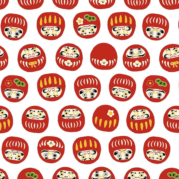 Japanese fabric -- Traditional Japanese daruma dolls repeated on white -- 100% cotton quilting fabric