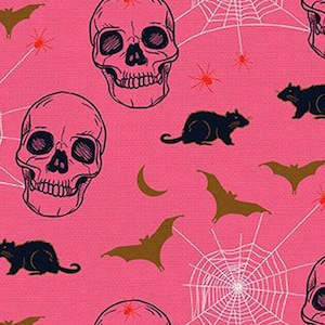 Halloween fabric -- Skulls, bats, rats and spider webs on pink -- 100% cotton quilting fabric