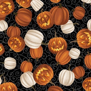 Halloween fabric -- Orange and white pumpkins and jack-o-lanterns on swirly black -- 100% quilting cotton fabric by the yard