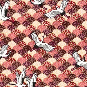 Japanese fabric -- Cranes flying on a field of red, pink, and purple chrysanthemums -- 100% cotton quilting fabric