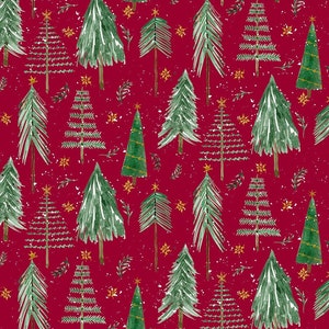 Christmas fabric -- Green painted Christmas trees repeated on dark red -- 100% cotton quilting fabric