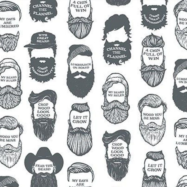 Dark gray lumberjack silhouettes with beards and outdoorsy puns on white -- 100% cotton quilting fabric