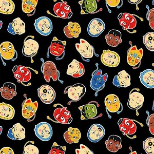 Japanese fabric -- Traditional Japanese masks on black -- 100% cotton quilting fabric