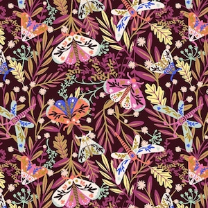 Cotton + Steel fabric -- Colorful, patterned moths on purple/brown foliage with dark brown background -- 100% cotton quilting fabric