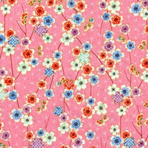 Japanese fabric -- Small cherry blossoms on patterned bubble gum pink with metallic gold highlights -- 100% cotton quilting fabric