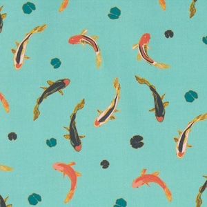 Asian-inspired fabric -- Orange, green, and pink koi fish swimming among lilipads on teal -- 100% cotton quilting fabric