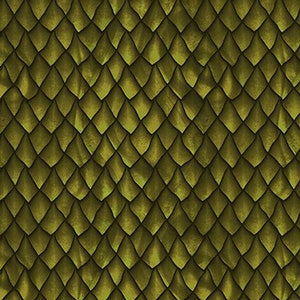 May include: Green fabric with a repeating pattern of overlapping diamond-shaped scales.