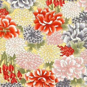 Japanese fabric -- Multi-color flowers packed on yellow with metallic gold highlights -- 100% cotton quilting fabric