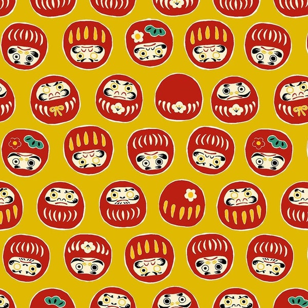 Japanese fabric -- Traditional Japanese daruma dolls repeated on yellow -- 100% cotton quilting fabric