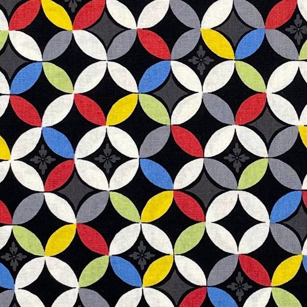 Japanese fabric -- Retro version of a traditional Japanese geometric circle pattern on black -- 100% cotton quilting fabric